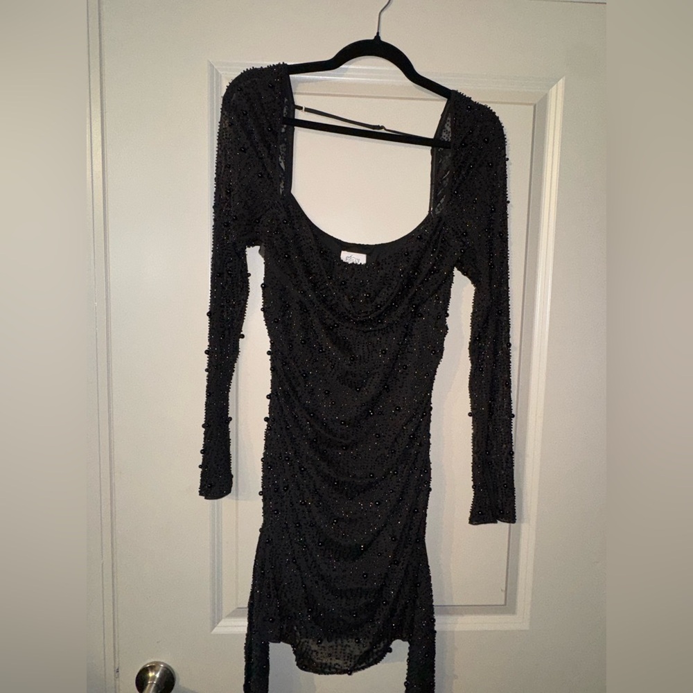 Oh Polly Black Long Sleeve Beaded Dress